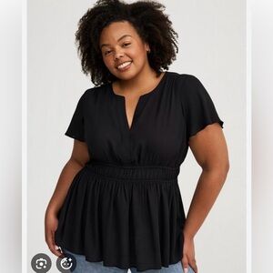 Torrid Babydoll Fluttersleeve Black Smocked-Waist Peplum Top 2X